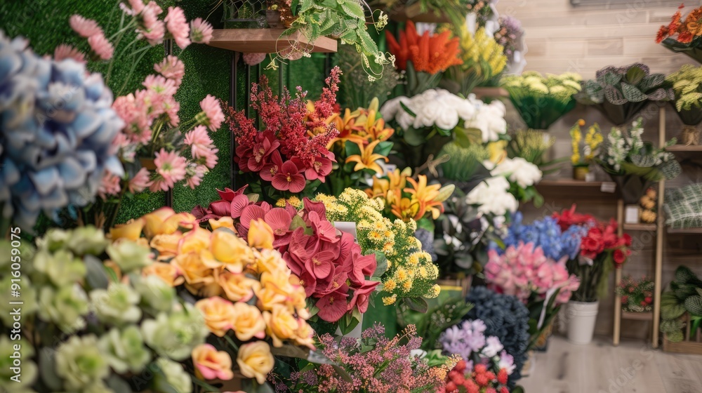 Shop display of artificial flower bouquets Shop display of artificial flower bouquets
