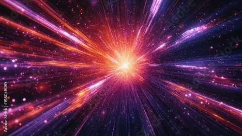 Neon light rays forming a starburst in the galaxy, dynamic lines exploding in the universe on a black background