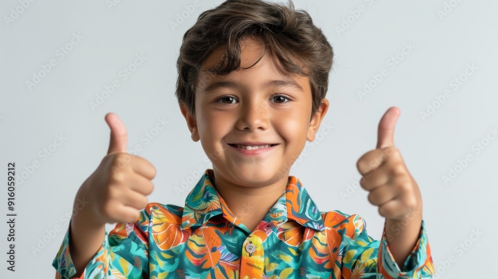 A cheerful young boy with brown hair smiles and gives two thumbs up, wearing a colorful floral shirt against a white background. A cheerful young boy with brown hair smiles and gives two thumbs up, wearing a colorful floral shirt against a white background.