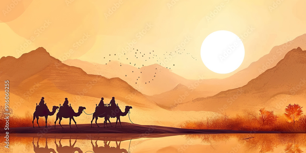 Three Camels and Riders Traveling Through Desert Landscape. Three Camels and Riders Traveling Through Desert Landscape.