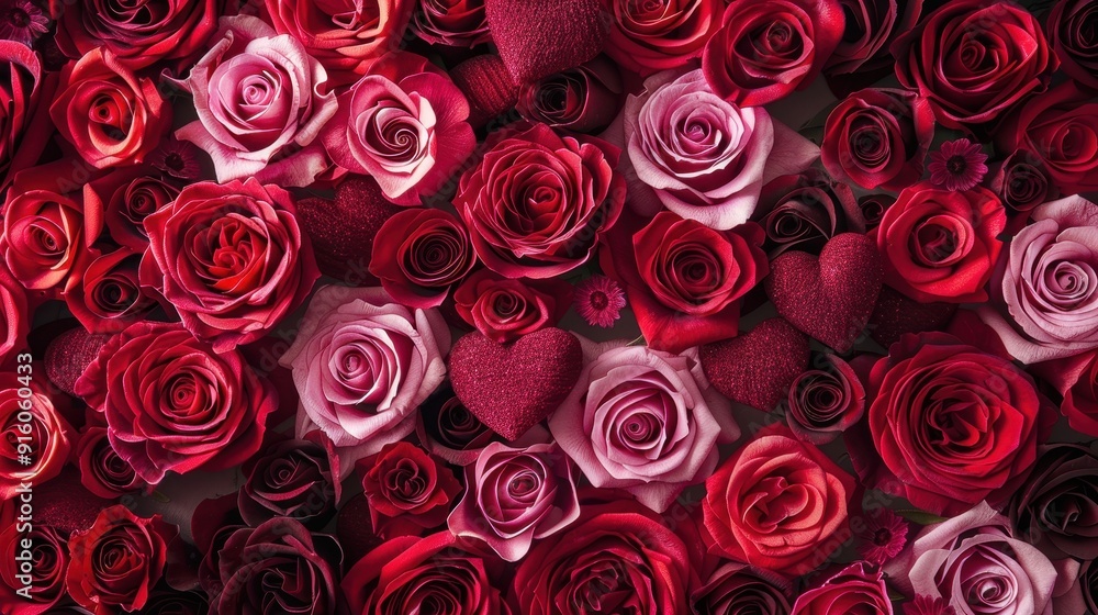 Beautiful mix of red and pink roses with heart accents creates a romantic atmosphere Beautiful mix of red and pink roses with heart accents creates a romantic atmosphere