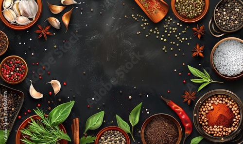 kitchen spice cooking ingredients in beautiful abstract on black background Generate AI
