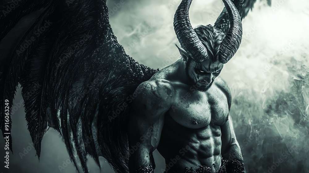 Obraz premium Dark fantasy demon with horns and wings against a stormy sky.