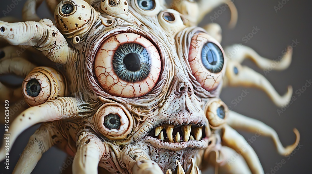 Close-up of a monstrous creature with multiple eyes and sharp teeth. Close-up of a monstrous creature with multiple eyes and sharp teeth.