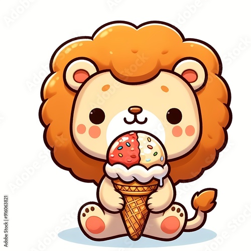 Cute Lion Holding Ice Cream Cartoon Vector Icon Illustration