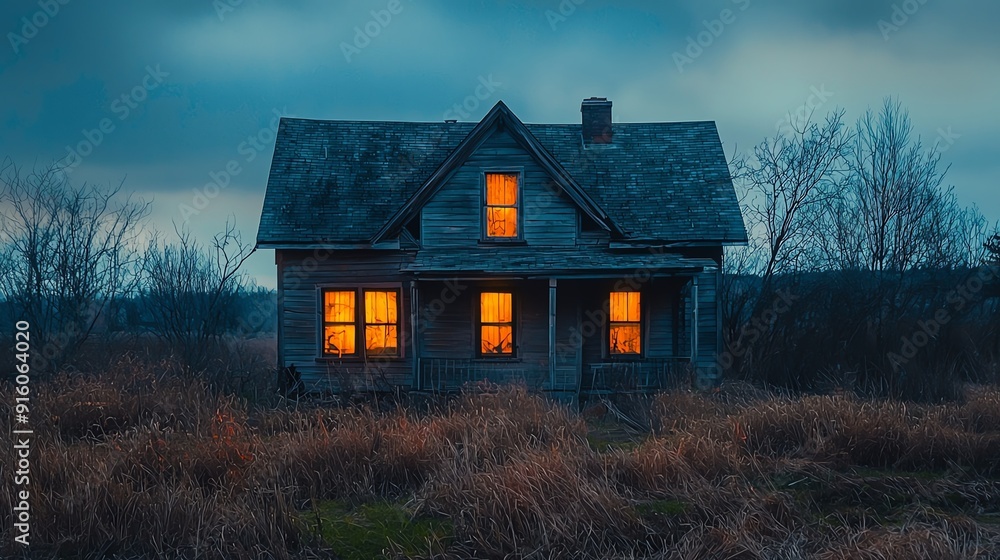 A weathered house with lit windows stands in a field at dusk. A weathered house with lit windows stands in a field at dusk.