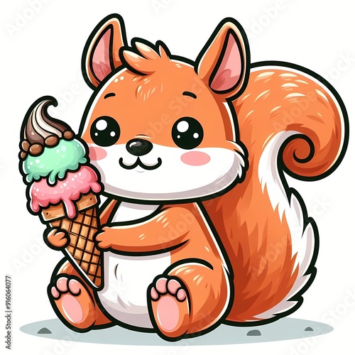 Cute Squirrel Holding Ice Cream Cartoon Vector Icon Illustration photo