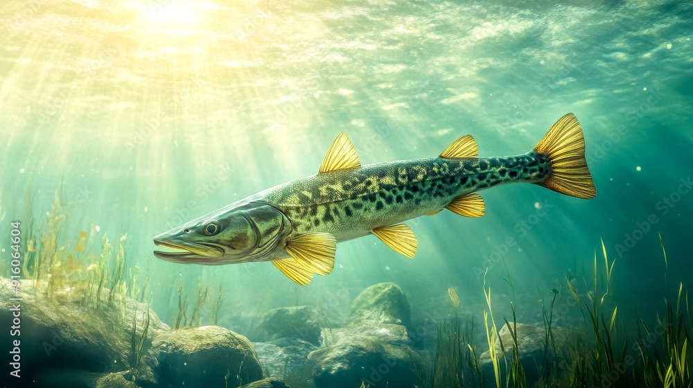 Fototapeta premium Freshwater fish swimming in sunlit lake water