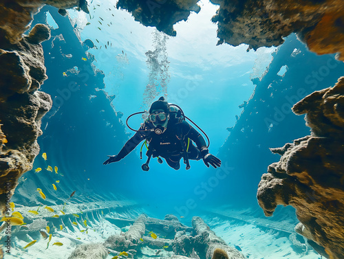 A man is diving into the ocean and swimming through a coral reef. The water is clear and blue, and the coral is colorful. The man is wearing a wetsuit and a mask, and he is surrounded by fish