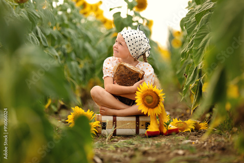 Cute little girl with book sitting on bag in sunflower field photo