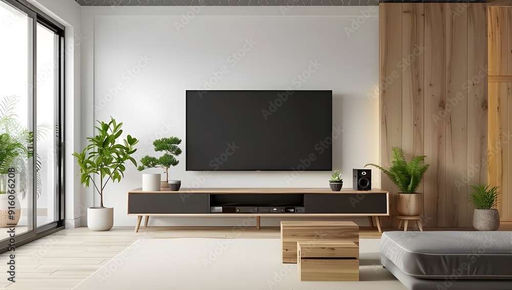 A simple and clean living room with an empty TV on the wall, featuring Scandinavian-style wooden furniture and white walls. A simple and clean living room with an empty TV on the wall, featuring Scandinavian-style wooden furniture and white walls.