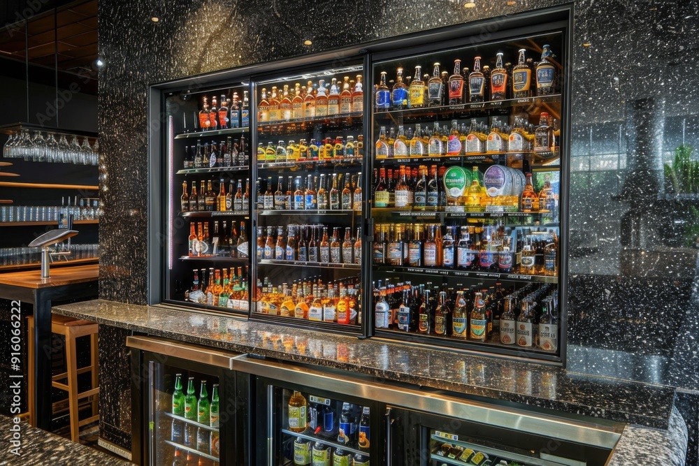 A bar's luxury beer showcase, stocked with various bottles of beer and set against a sophisticated black granite wall A bar's luxury beer showcase, stocked with various bottles of beer and set against a sophisticated black granite wall