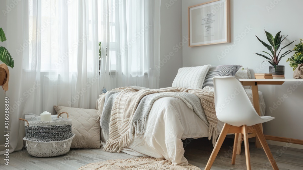 Cozy bedroom with white bed, wooden chair, and plant. Cozy bedroom with white bed, wooden chair, and plant.