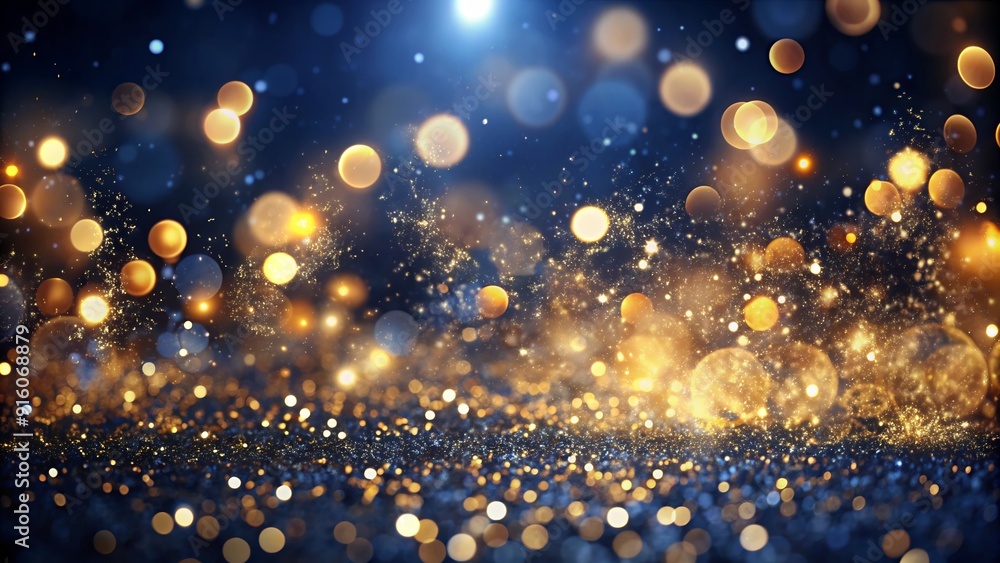 Obraz premium This captivating background features a mesmerizing blend of dark blue, gold, and sparkling bokeh effects, creating a visually striking design perfect for any holiday project.