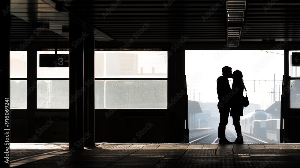 Fototapeta premium Lovers Kissing At Train Station