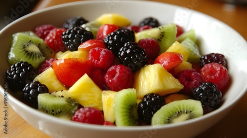 3. A vibrant fruit salad featuring kiwi, berries, and pineapple in a white bowl