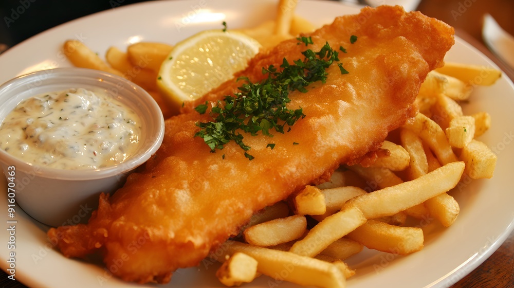 13. A classic plate of fish and chips with a side of tartar sauce 13. A classic plate of fish and chips with a side of tartar sauce