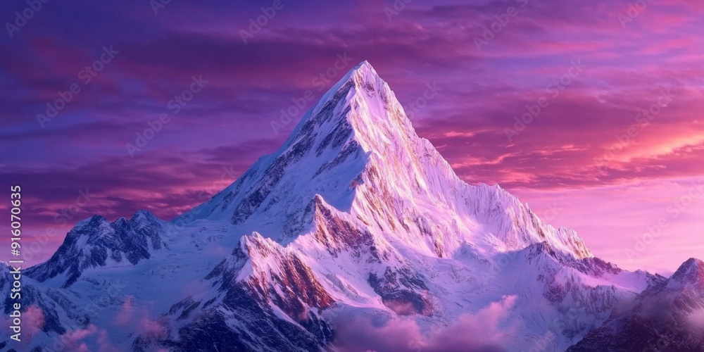Obraz premium Majestic Snow-Capped Mountain Peaks Bathed in Surreal Purple and Pink Sunset, Exuding Tranquility and the Grandeur of Nature