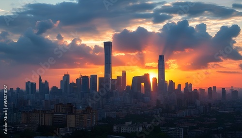 The outline of the city under the sunset and the gorgeous clouds complement each other, showing the charming urban style.