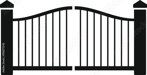 Classic iron gate with vertical pickets and a curved top is slightly open