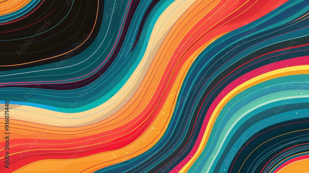 Naklejka premium Abstract background with a wave pattern of colored lines in blue, yellow, orange, and red shades.