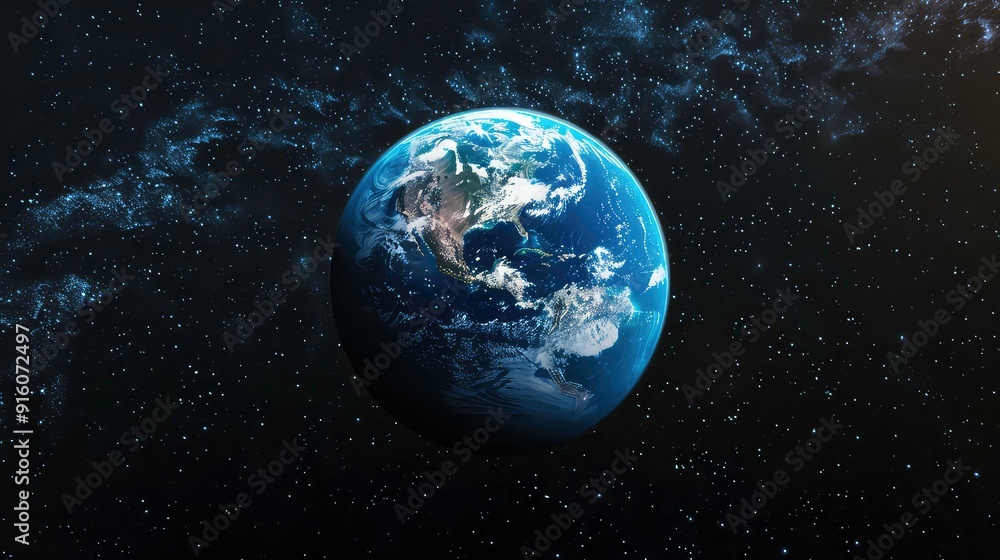 Fototapeta premium A close-up view of Earth from space, showcasing its continents, oceans, and swirling clouds against a backdrop of twinkling stars.