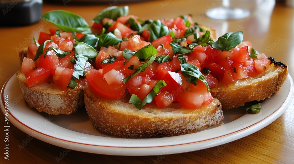 32. A plate of fresh bruschetta topped with tomatoes, basil, and garlic 32. A plate of fresh bruschetta topped with tomatoes, basil, and garlic