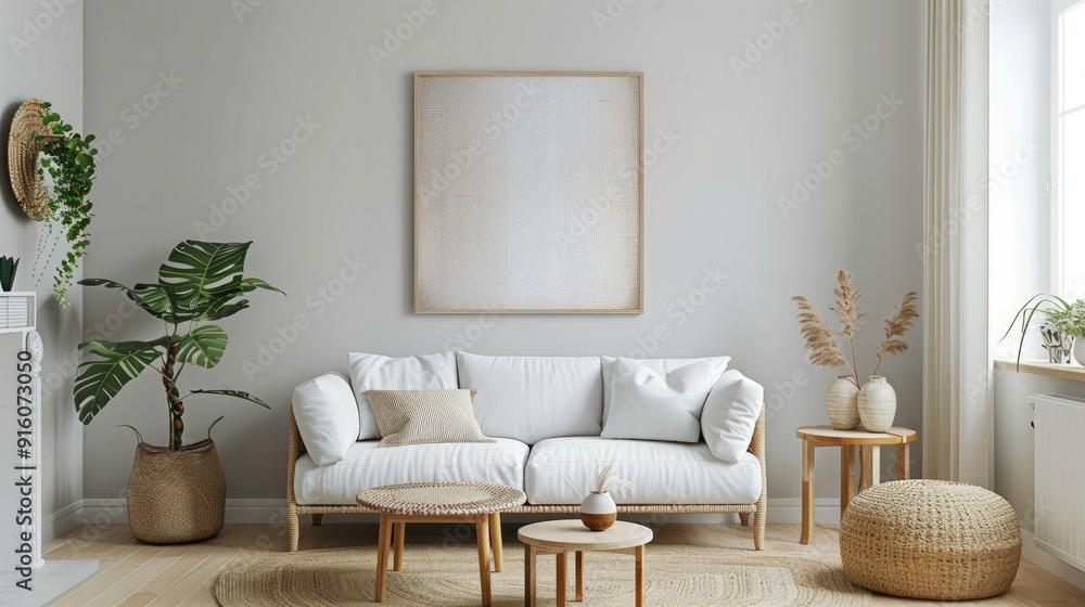 Burlap art displayed in bright living room with white furniture and grey wall on photo. Burlap art displayed in bright living room with white furniture and grey wall on photo.