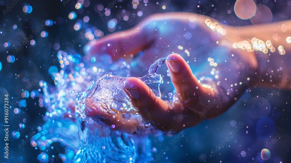 Hand holding water with abstract light effects Hand holding water with abstract light effects