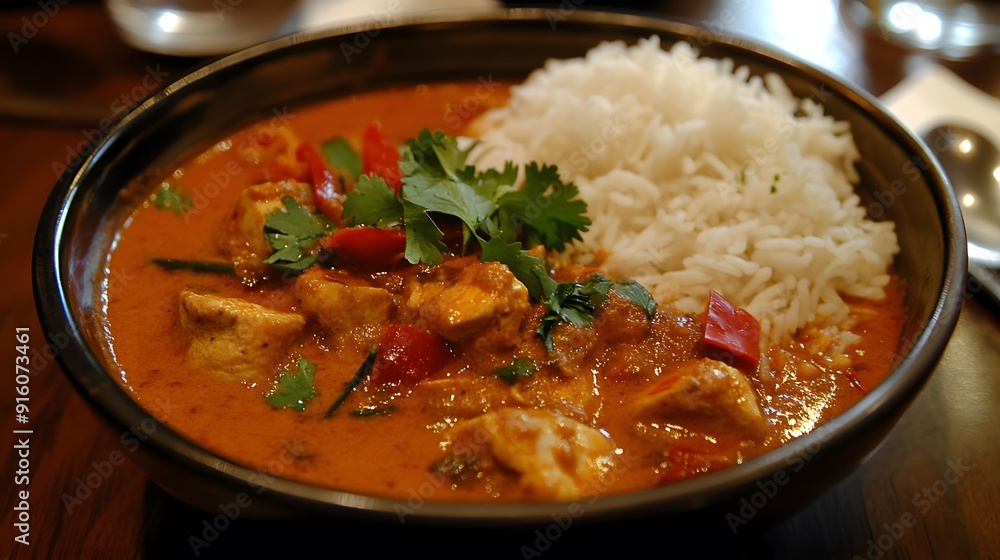 38. A bowl of rich, flavorful curry with chicken and a side of basmati rice 38. A bowl of rich, flavorful curry with chicken and a side of basmati rice