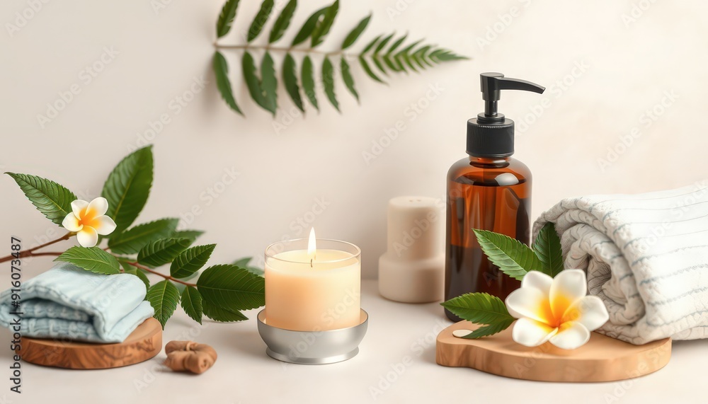 Spa Relaxation with Candle, Flowers and Towel. Spa Relaxation with Candle, Flowers and Towel.
