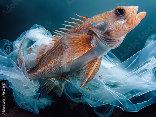 A fish is swimming in a blue ocean with a white plastic bag floating on the surface. The fish is surrounded by a cloud of plastic debris, which is a sad and disturbing sight photo