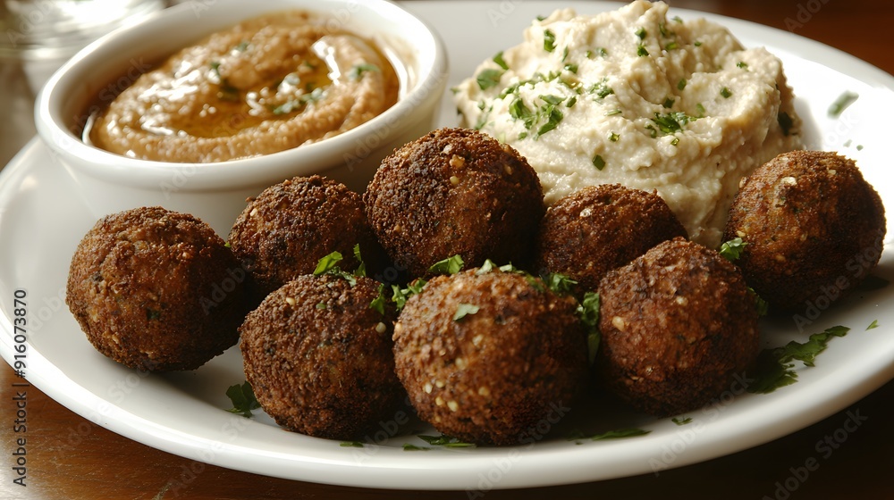 41. A plate of crispy falafel balls with a side of hummus 41. A plate of crispy falafel balls with a side of hummus