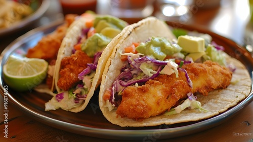 48. A plate of crispy fish tacos with cabbage slaw and avocado