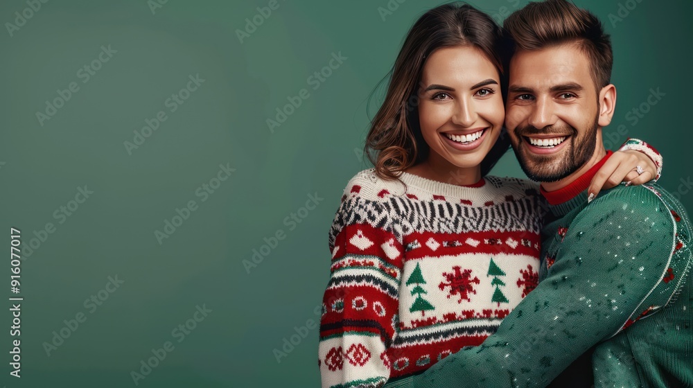 Portrait of a Couple in Matching Christmas Sweaters Portrait of a Couple in Matching Christmas Sweaters