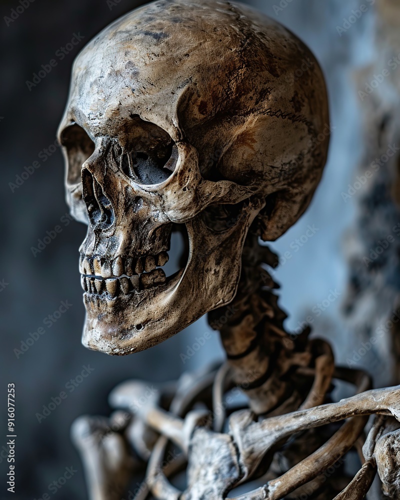 Human skull and skeleton on a dark background. Halloween still life. Human skull and skeleton on a dark background. Halloween still life.