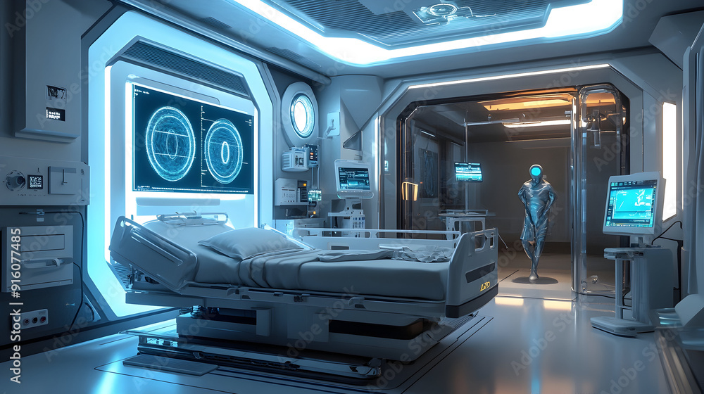 Futuristic hospital room with high tech AI technology equipment. Generative AI. Futuristic hospital room with high tech AI technology equipment. Generative AI.