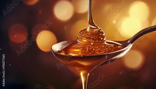 Golden Honey Dripping from a Spoon photo