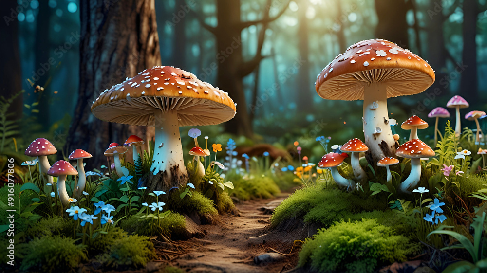 Fototapeta premium Fantastic wonderland forest landscape with mushrooms and flowers background. A vibrant red mushroom with white spots, magical aura, growing in a lush green mossy forest, Ai generative