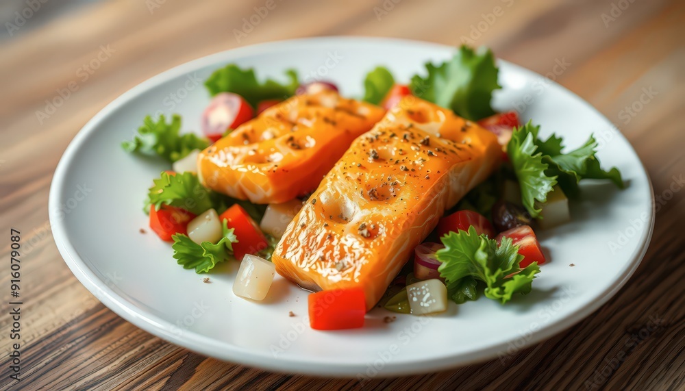 Grilled Salmon with Fresh Salad on a White Plate. Grilled Salmon with Fresh Salad on a White Plate.