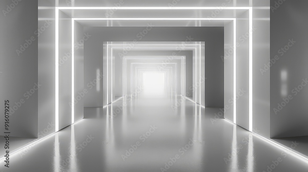 A long, empty, white hallway with glowing lines and a light at the end. A long, empty, white hallway with glowing lines and a light at the end.