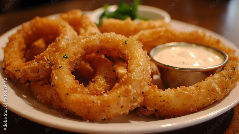 78. A plate of delicious and crispy onion rings with a side of ranch dipping sauce 78. A plate of delicious and crispy onion rings with a side of ranch dipping sauce
