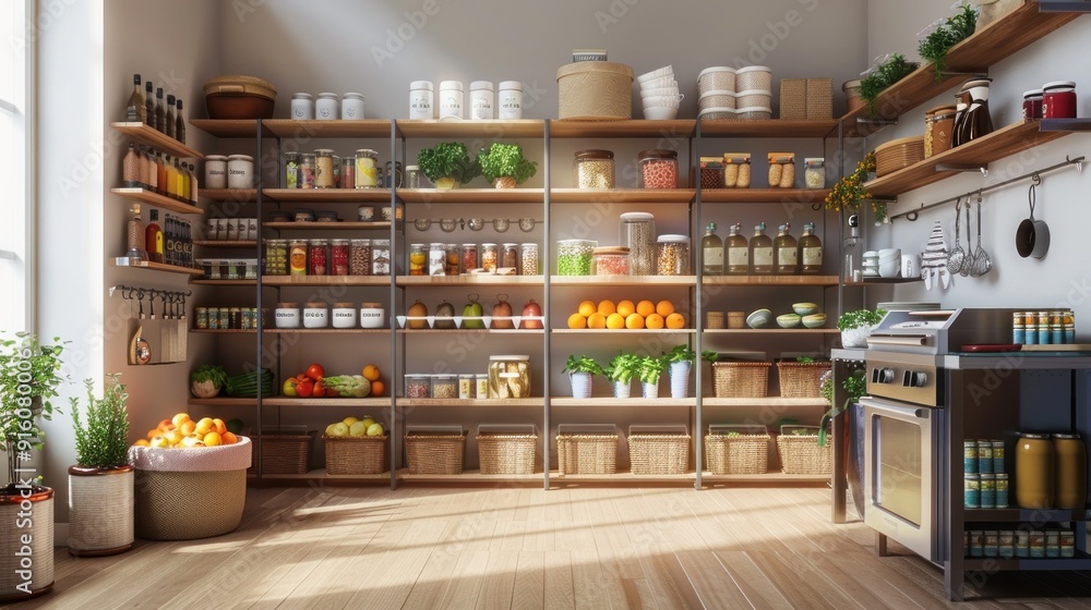 Fototapeta premium Well-stocked pantry with wooden shelves and wicker baskets.