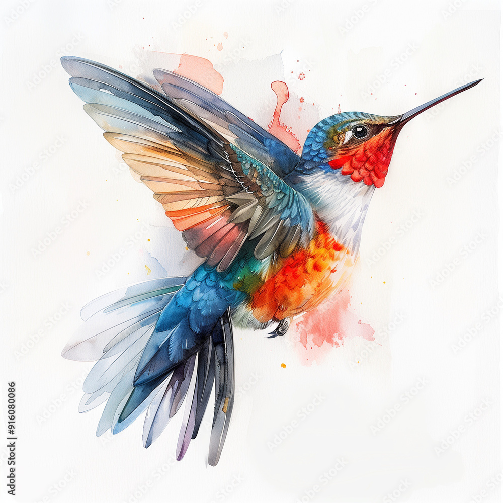 Obraz premium A colorful illustration of a hummingbird in mid-flight, showcasing its vibrant feathers.