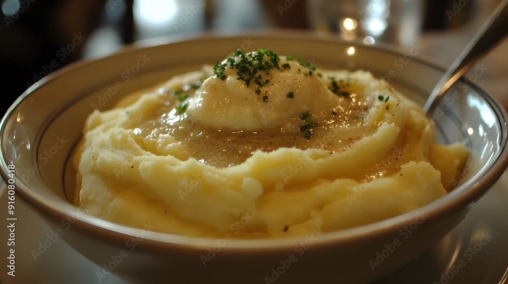 88. A creamy bowl of mashed potatoes with a dollop of gravy on top 88. A creamy bowl of mashed potatoes with a dollop of gravy on top