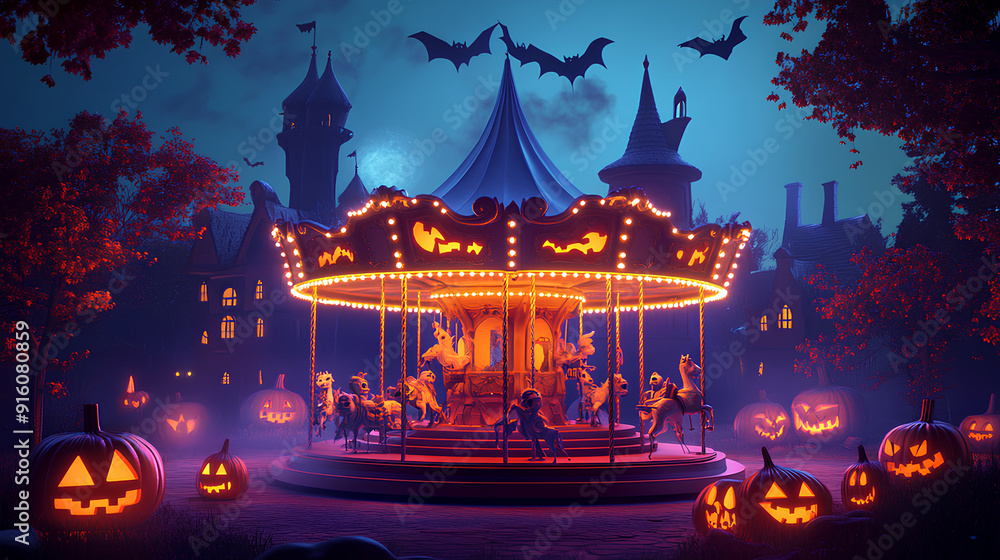 3D cartoon_haunted_carousel_with_spooky_figures 3D cartoon_haunted_carousel_with_spooky_figures