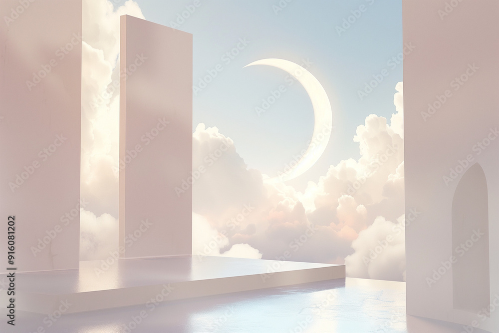 A serene landscape featuring minimalistic architecture and a crescent moon among clouds. A serene landscape featuring minimalistic architecture and a crescent moon among clouds.