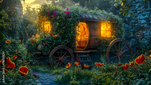 Fairytale wagon standing in an enchanted forest at sunset