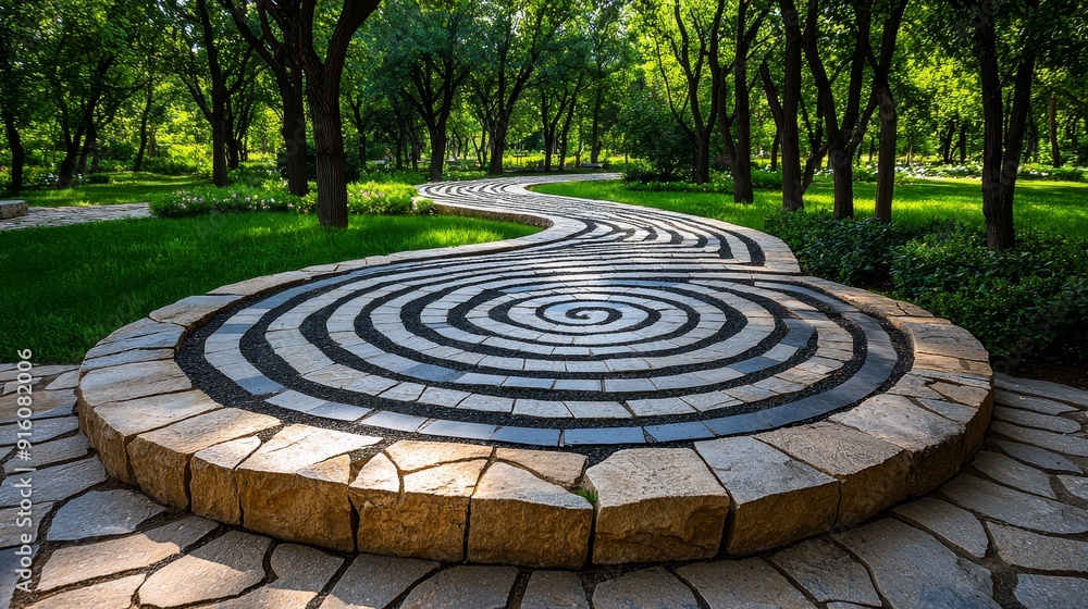 A beautifully designed circular maze pathway in a serene garden, surrounded by lush greenery and tranquil nature. A beautifully designed circular maze pathway in a serene garden, surrounded by lush greenery and tranquil nature.
