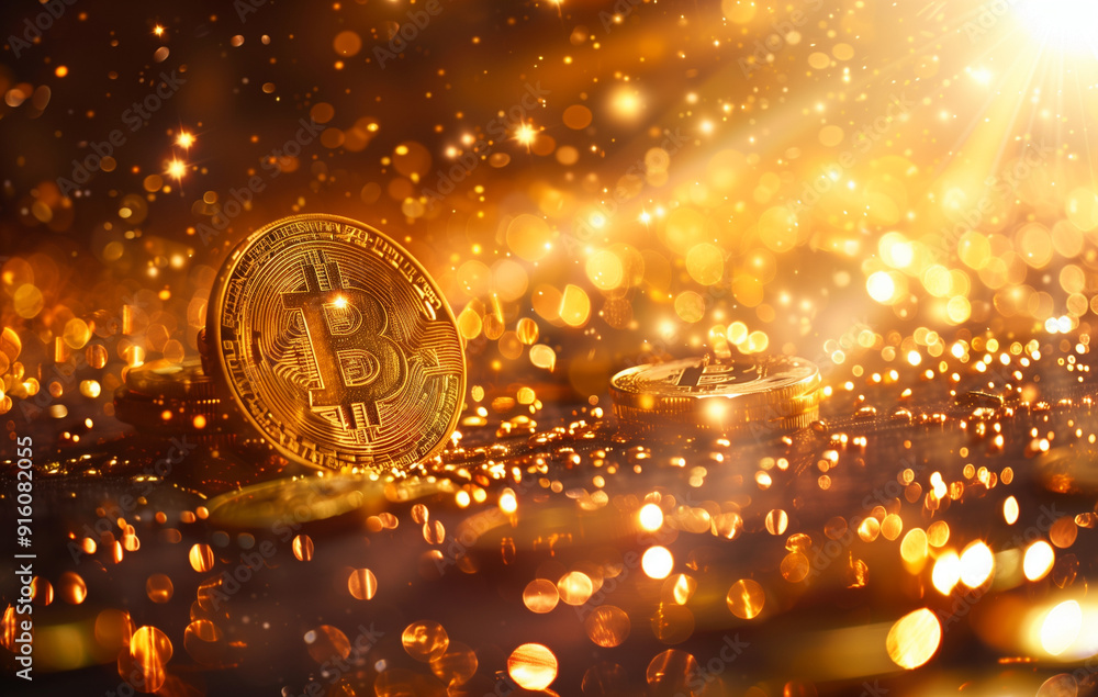 A close-up of golden Bitcoin coins with a sparkling background. A close-up of golden Bitcoin coins with a sparkling background.